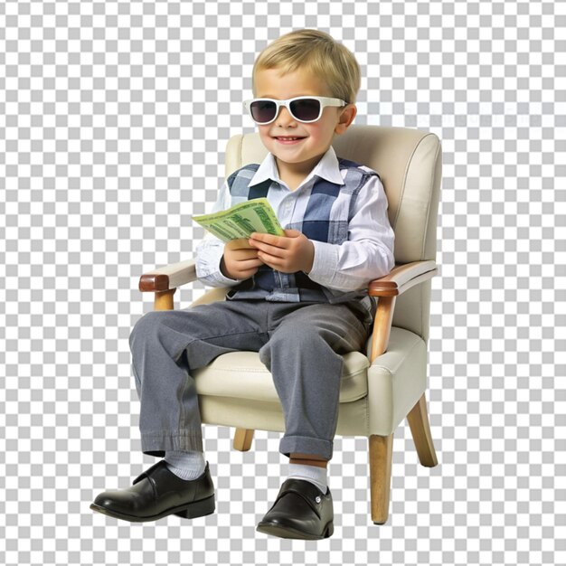 A content child boy with wavy hair from the asian ethnicity dressed in office clerk attire poses in a laid back chair