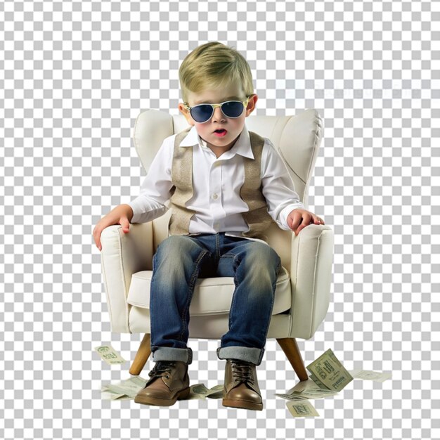 A content child boy with wavy hair from the asian ethnicity dressed in office clerk attire poses in a laid back chair