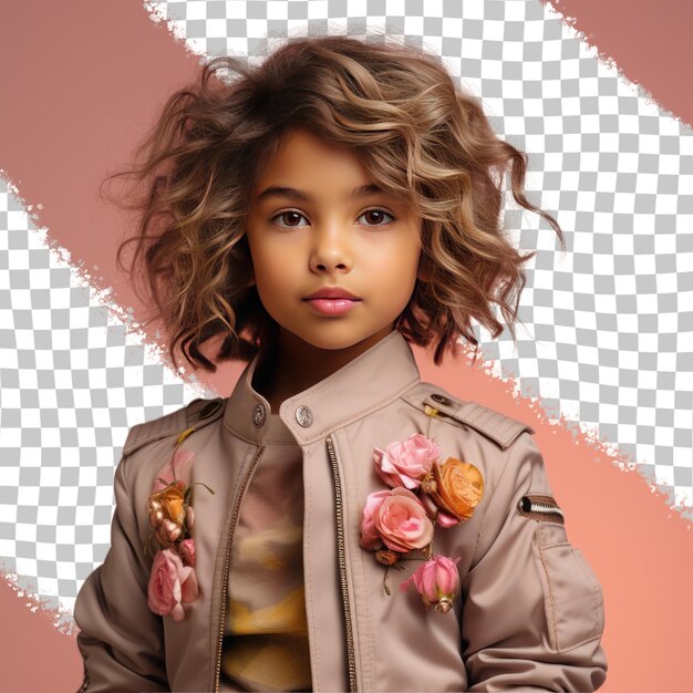 PSD a content child girl with wavy hair from the pacific islander ethnicity dressed in aerospace engineer attire poses in a holding collar of jacket style against a pastel rose background