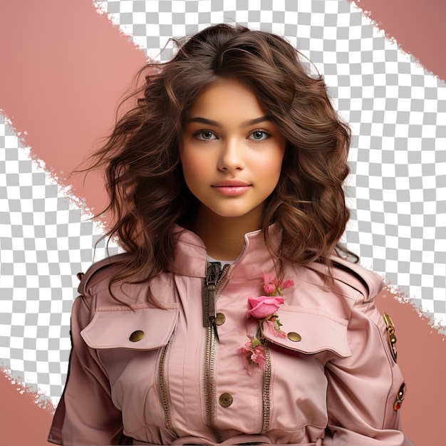 PSD a content child girl with wavy hair from the pacific islander ethnicity dressed in aerospace engineer attire poses in a holding collar of jacket style against a pastel rose background