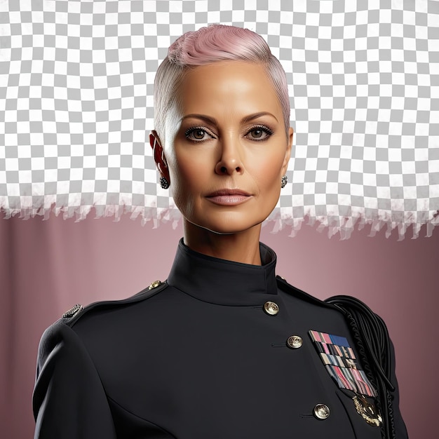 PSD a content middle aged woman with bald hair from the native american ethnicity dressed in military officer attire poses in a close up of eyes style against a pastel rose background