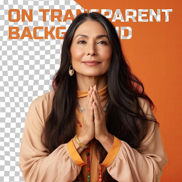 A content middle aged woman with long hair from the west asian ethnicity dressed in blogger attire poses in a close up of hands style against a pastel tangerine background