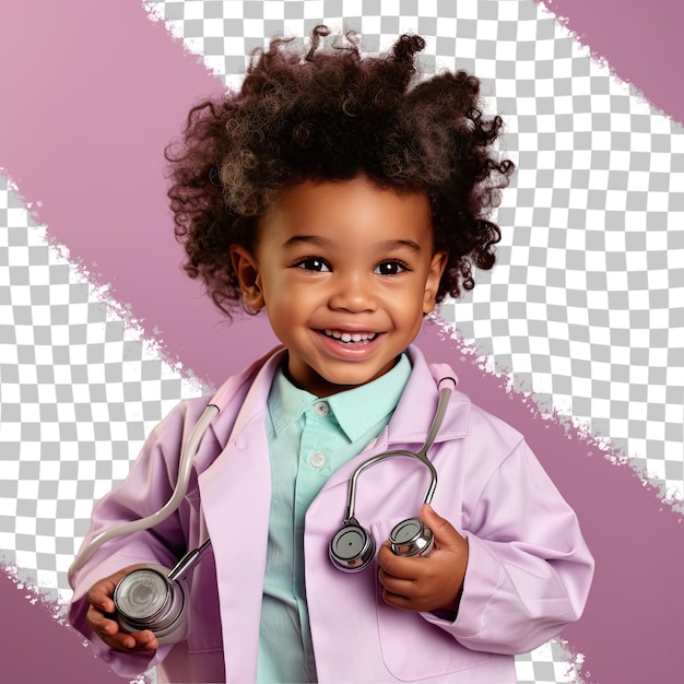 PSD a content preschooler boy with wavy hair from the african american ethnicity dressed in anesthesiologist attire poses in a hand brushing through hair style against a pastel mauve background