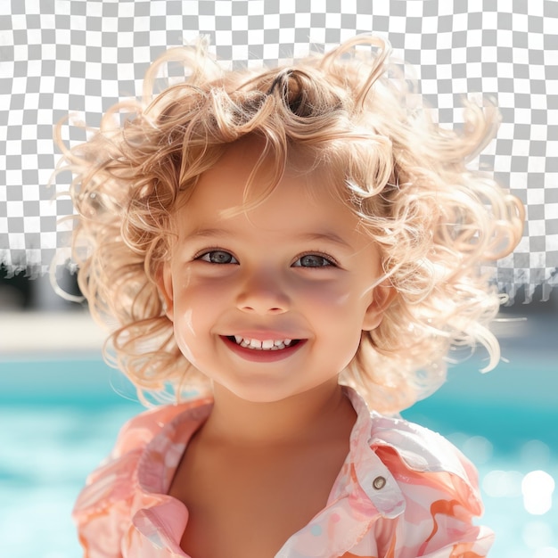 A content preschooler girl with blonde hair from the asian ethnicity dressed in swimming in the pool attire poses in a eyes downcast with a smile style against a pastel mint background