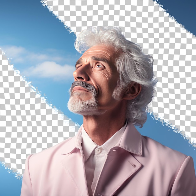 A content senior man with blonde hair from the african ethnicity dressed in photographer attire poses in a dramatic look upwards style against a pastel periwinkle background