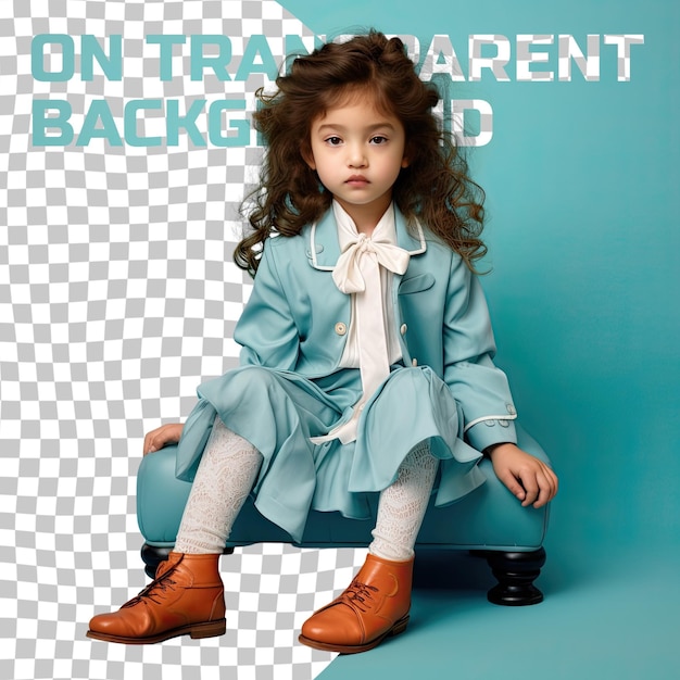 A content toddle girl with wavy hair from the mongolic ethnicity dressed in diplomat attire poses in a sitting with legs stretched out style against a pastel turquoise background