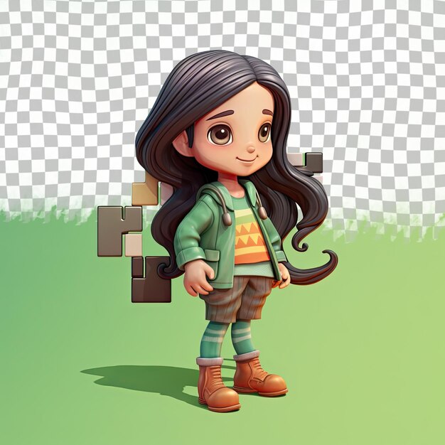 PSD a content toddler woman with long hair from the uralic ethnicity dressed in solving puzzles attire poses in a standing with tilted hips style against a pastel green background