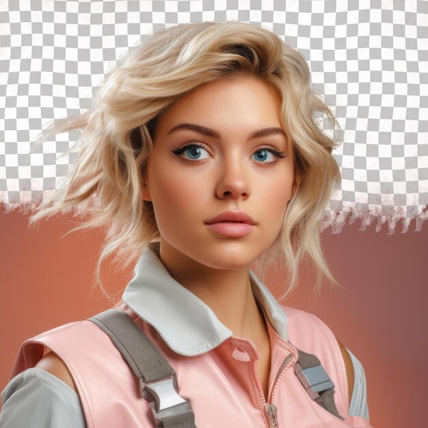 PSD a content young adult woman with blonde hair from the native american ethnicity dressed in plumber attire poses in a soft gaze with tilted head style against a pastel coral background