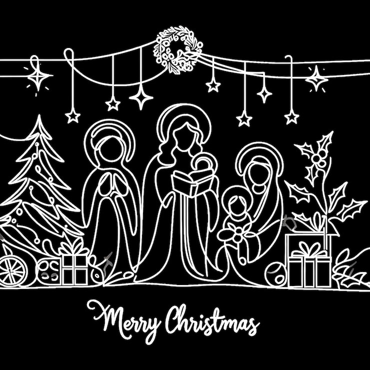 PSD continuous one line drawing bible merry christmas scene of holy family vector illustration