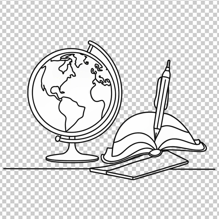 PSD continuous one line of pen book and globe