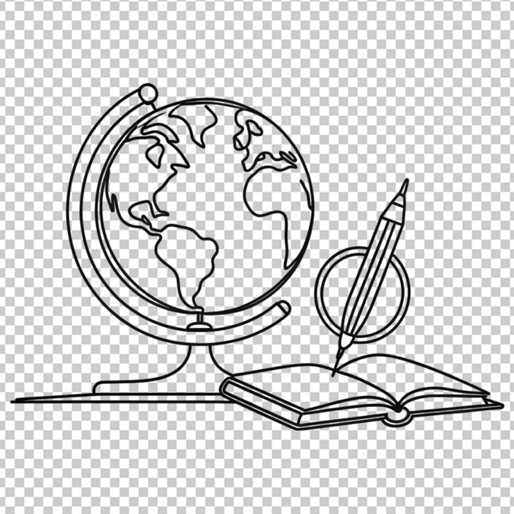 PSD continuous one line of pen book and globe