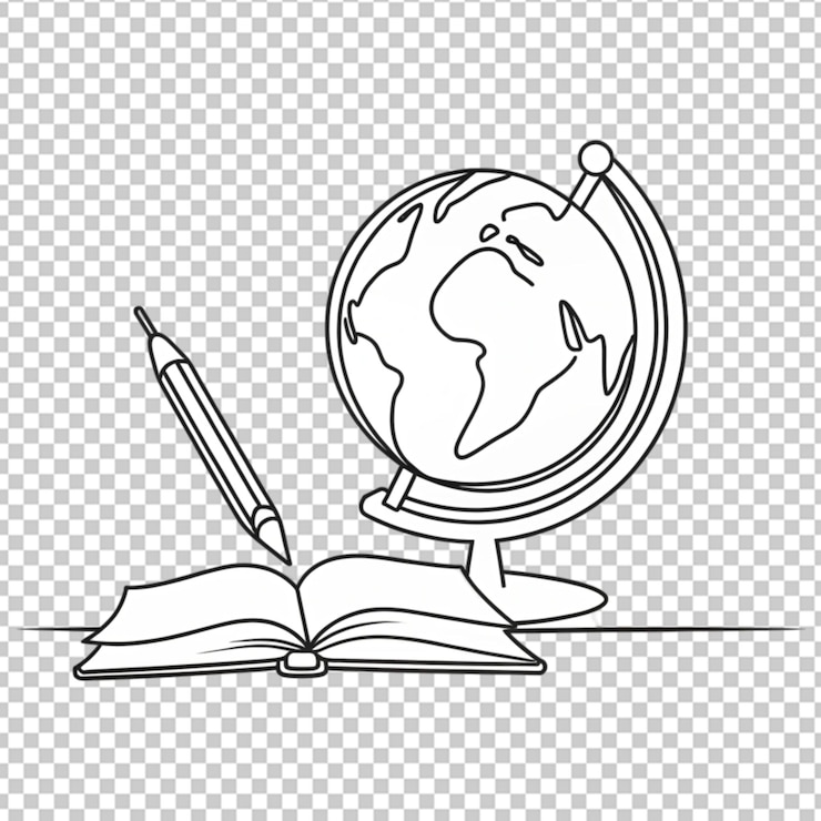 PSD continuous one line of pen book and globe