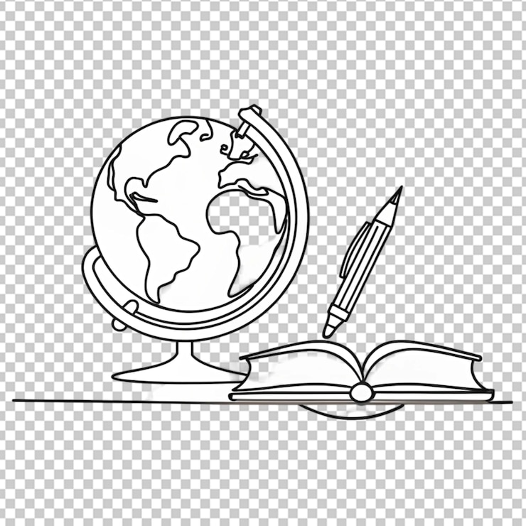 PSD continuous one line of pen book and globe