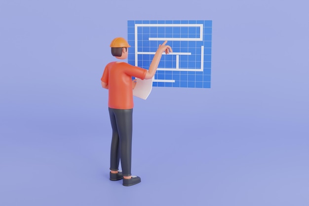 PSD contractor looking blue print illustrazione 3d