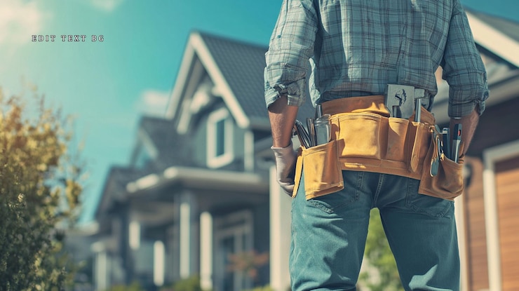 PSD contractor standing in front of new houses tools on his belt