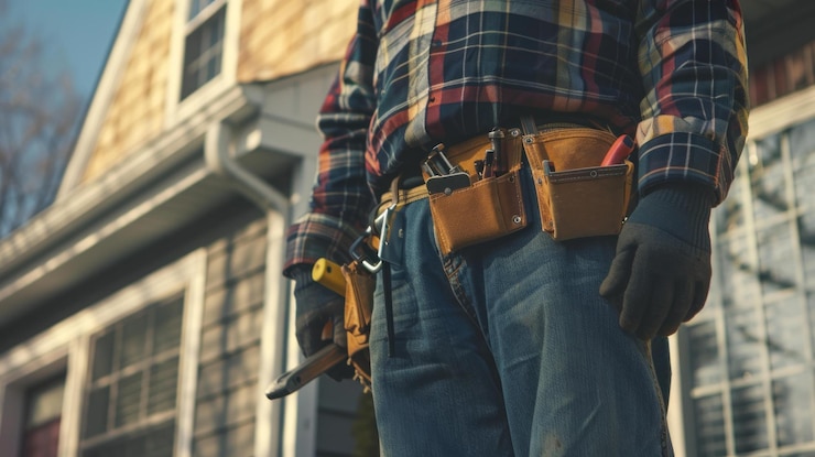PSD contractor standing outside a house wearing a tool belt