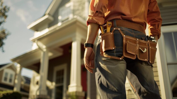 PSD contractors back view tool belt house background