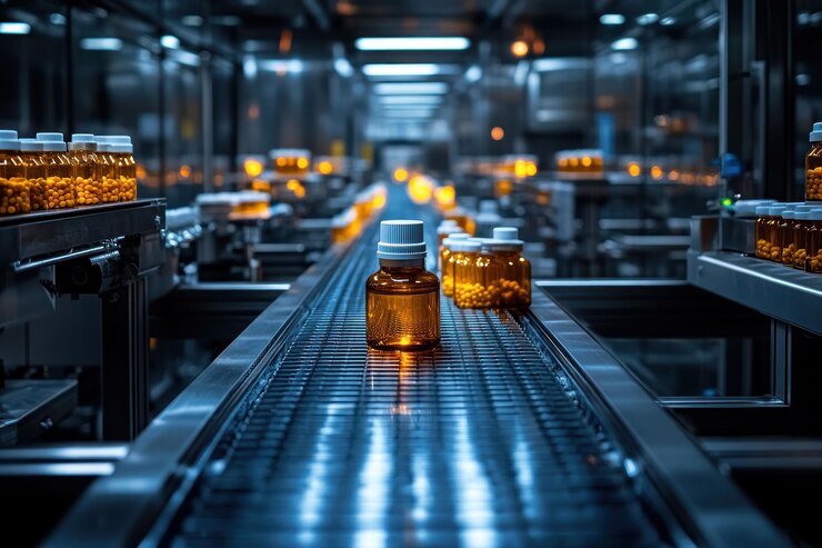 PSD a conveyor belt carrying bottles of pills in a pharmaceutical factory