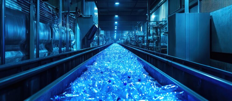 PSD conveyor belt full of plastic bottles in a factory