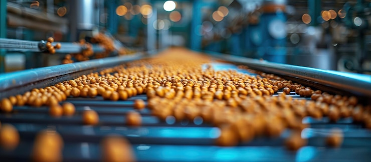 PSD conveyor belt with roasted nuts in a factory