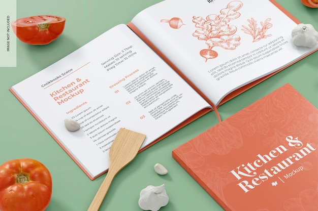 Mockup scena libro di cucina aperto e chiuso