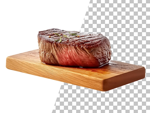 PSD 透明な背景を持つ木の板に調理された牛肉ステーキ