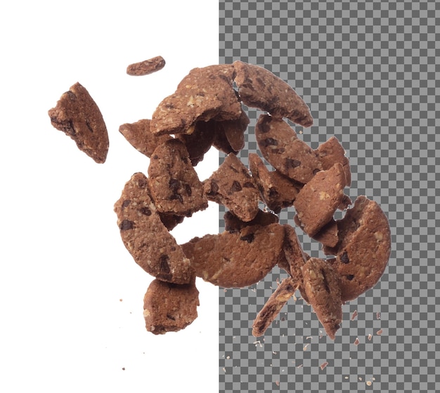 Cookie Chocolate ship fall fly in mid air Cocoa Cookie Chocolate ship floating Cookie Chocolate ship round crack crunch throw in air White background isolated freeze motion high speed shutter