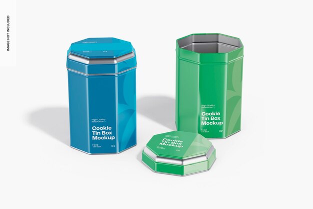 PSD cookie tin boxes mockup, opened and closed