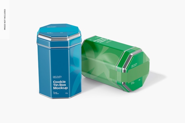 Cookie Tin Boxes Mockup, Standing and Dropped