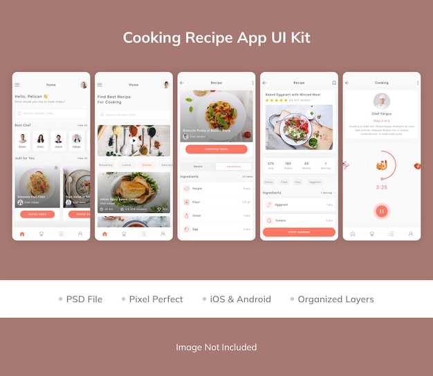 PSD kit dell'interfaccia utente dell'app per ricette di cucina