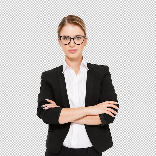 Cool blond bizneswoman w okularach pozuje z skrzyżowanymi ramionami nad białym