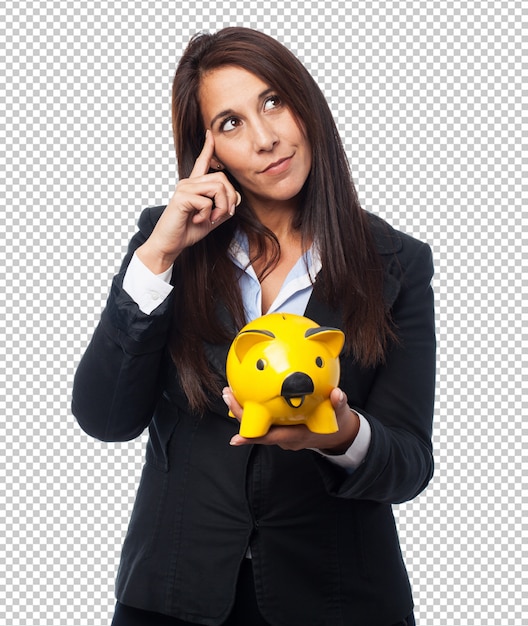 PSD cool business-woman with piggy-bank