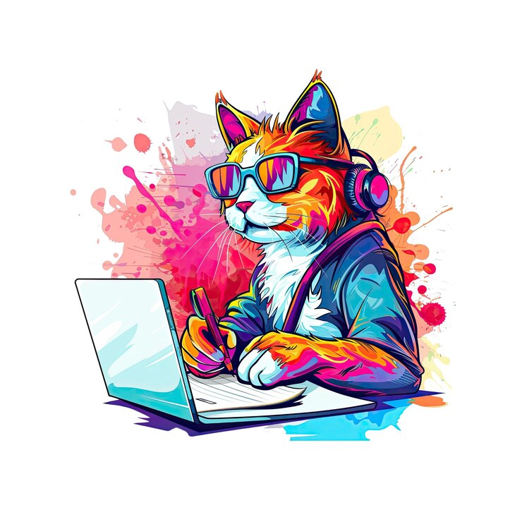 PSD cool cat working on laptop