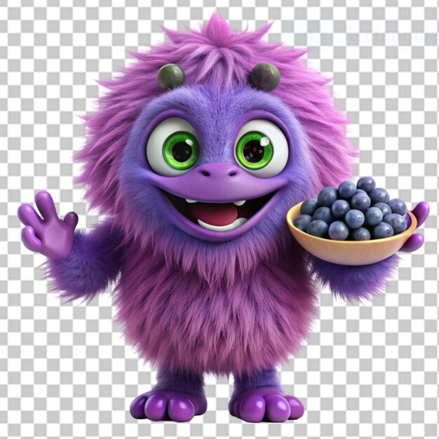 PSD a cool cute purple monster with blueberries on transparent background