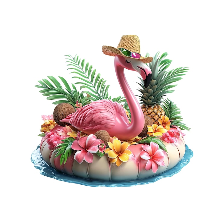 PSD cool flamingo on tropical float in paradise