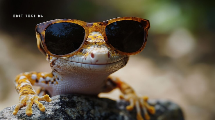 PSD cool gecko wearing sunglasses perched on a rock