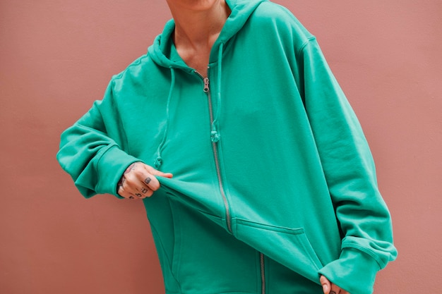 PSD cool girl wearing a teal green hoodie