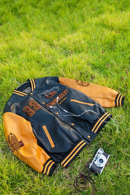 PSD cool varsity jacket  outdoors