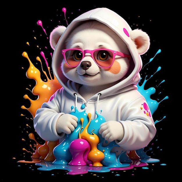 PSD cool white bear hip hop style t shirt design with colorful splashes