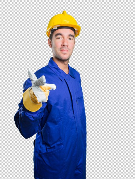 PSD cool workman pointing on white background