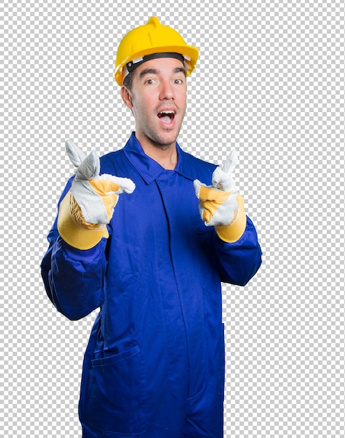 PSD cool workman pointing on white background