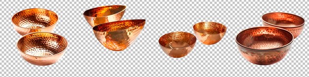 PSD copper bowls with hammered texture reflecting transparent lights set isolated on transparent background