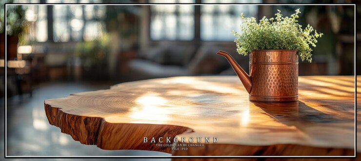 PSD a copper watering can with green plants sits on a rustic wooden table