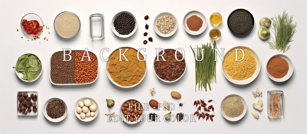 PSD copy space food ingredients for diet seen from above