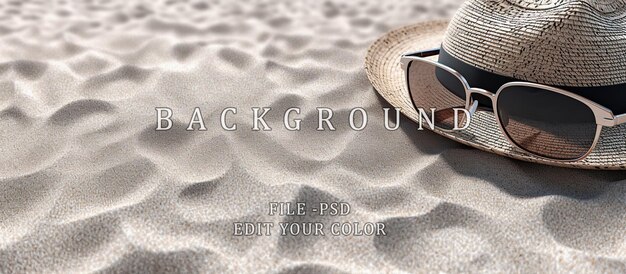 PSD copy space hat sunglasses flip flops on white sand