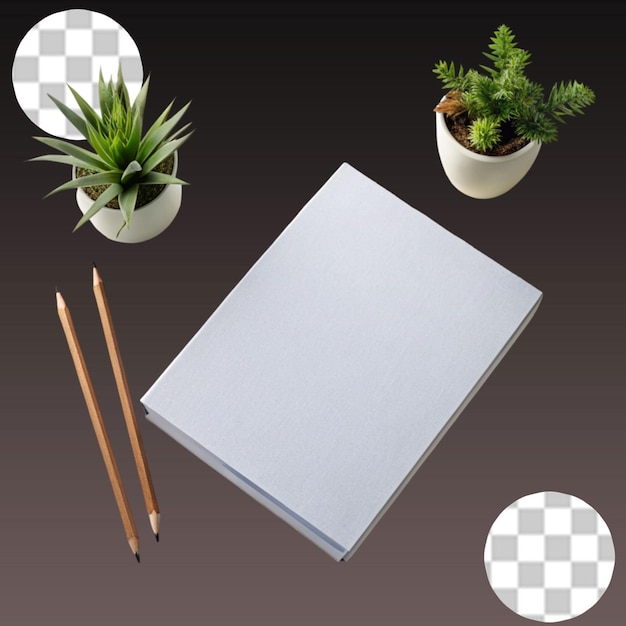 Copybooks cup of coffee pencils and succulent plant space for text on transparent background