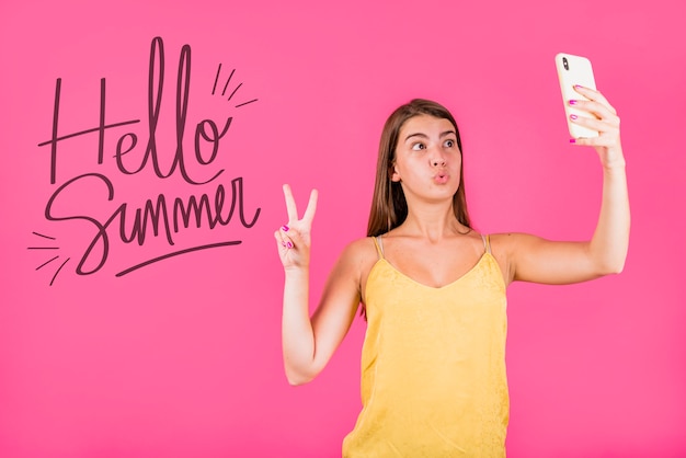 copyspace mockup for summer with joyful woman