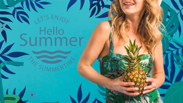 PSD copyspace mockup with summer concept next to attractive woman