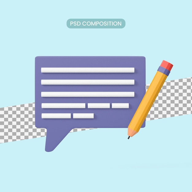 PSD copywriting, writing icon. document concept. speech bubble, text and pencil. 3d rendering