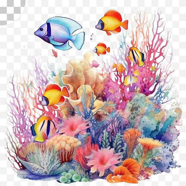 Coral reef and fish watercolor style